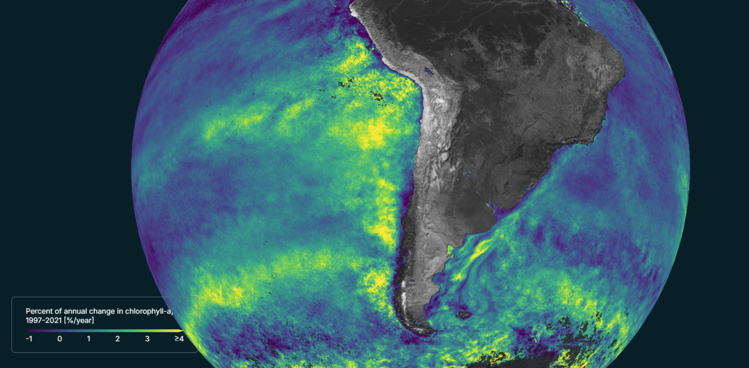 Map of Earth showing chlorophyll in the ocean with South America
