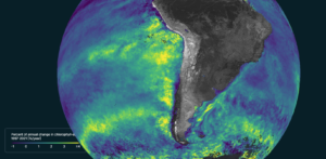 Map of Earth showing chlorophyll in the ocean with South America