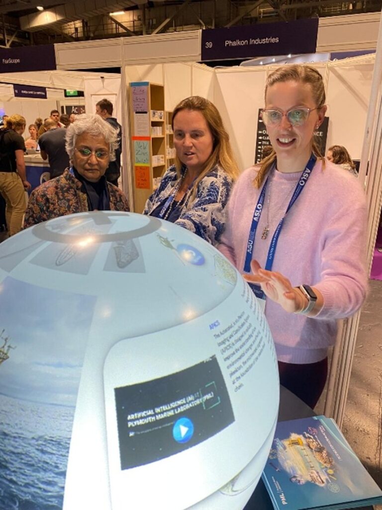 Prof Shubha Sathydendranath, Thecla Keizer, Dr Gemma Kulk with the PML Puffersphere.